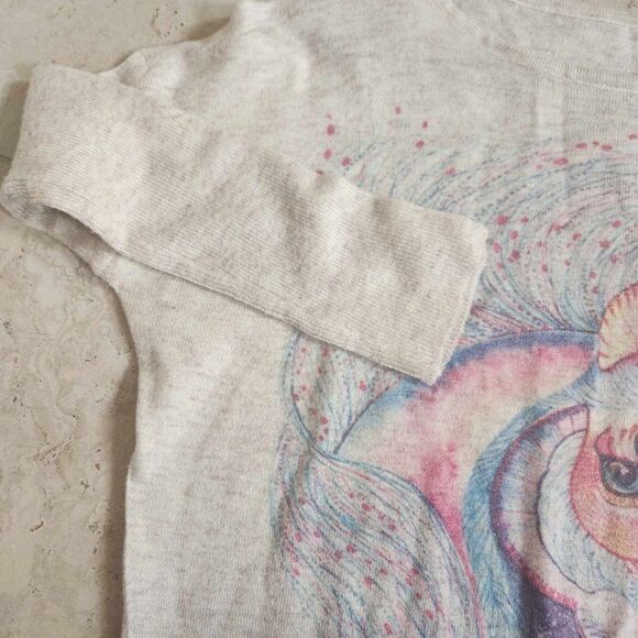 Unicorn Sweater Womens Size M Oatmeal Purple Pink Pullover Thin Knit Ribbed - Picture 5 of 7